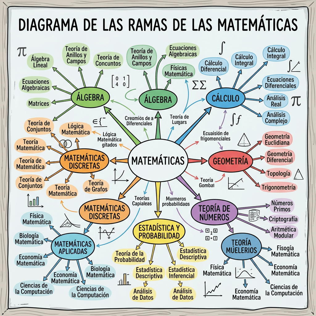 Diagram showing branches of mathematics including algebra, calculus, geometry, discrete mathematics, applied mathematics, statistics and probability, number theory, and mueller theory with subfields connected by arrows.