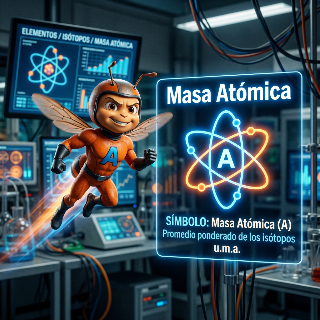 Cartoon bee character flying in a laboratory with atomic mass information displayed