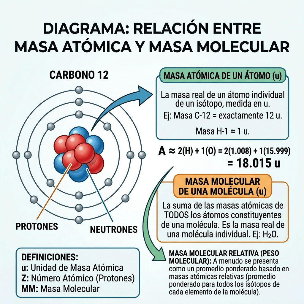 Diagrama de carbono 12 mostrando protones, neutrones, número másico y masa atómica