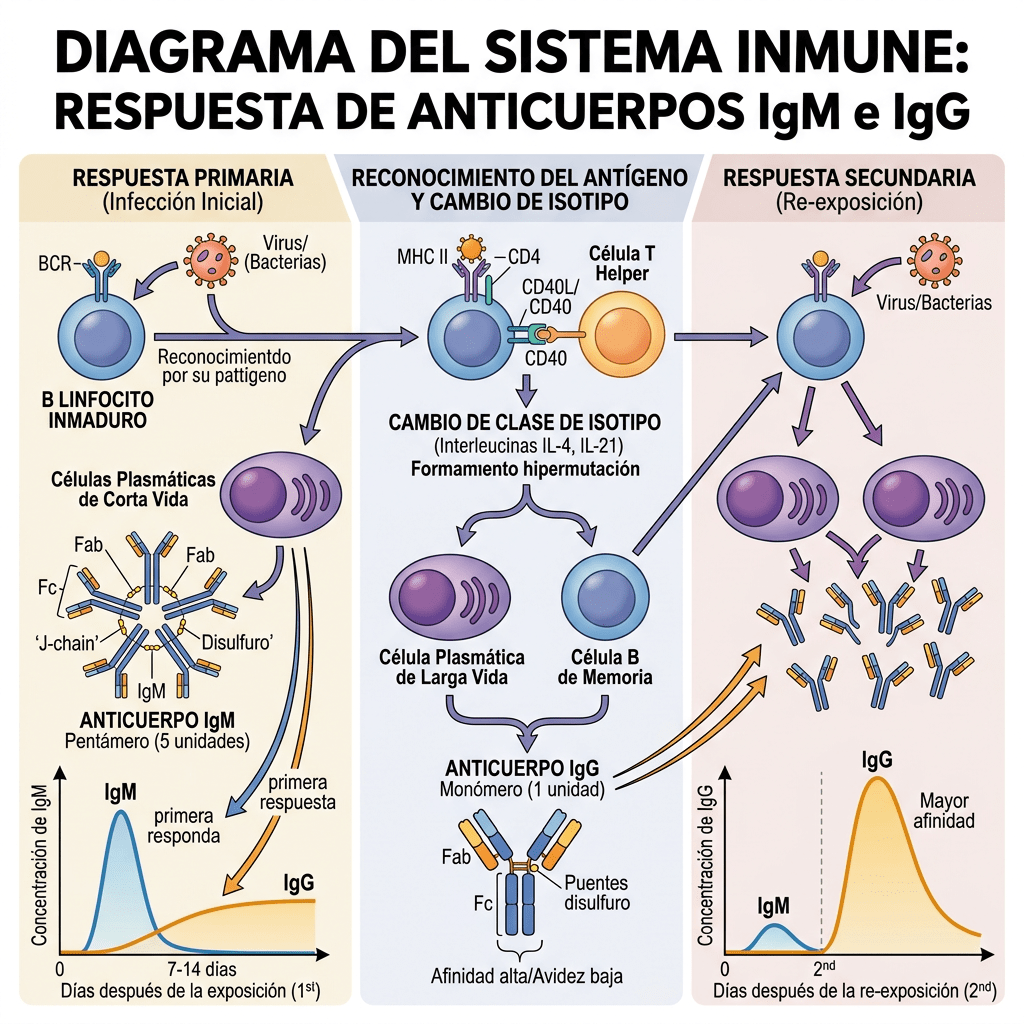 Diagram showing the immune response with stages of IgM and IgG antibody production during infection and re-exposure