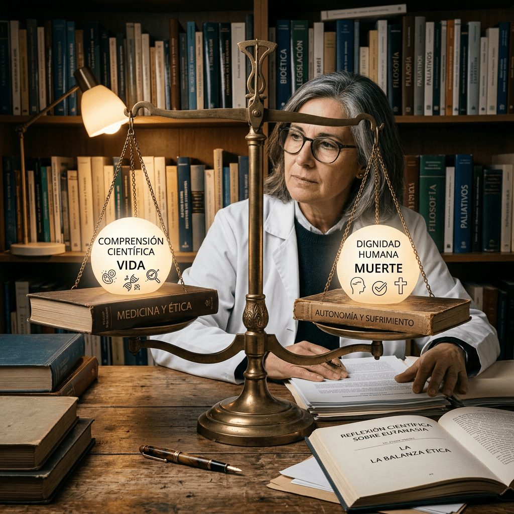 Scales balancing two books labeled Medicina y Ética and Autonomía y Sufrimiento with illuminated spheres reading Comprensión Científica Vida and Dignidad Humana Muerte