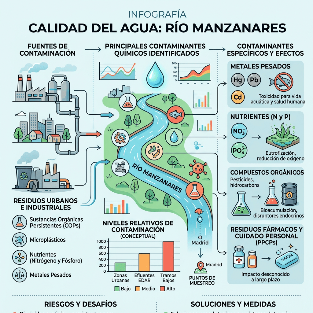 Infographic showing pollution sources, chemical contaminants, effects, and solutions for Manzanares River water quality