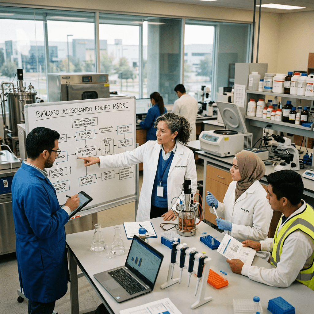 Biologist explaining bioreactor optimization to research team in lab