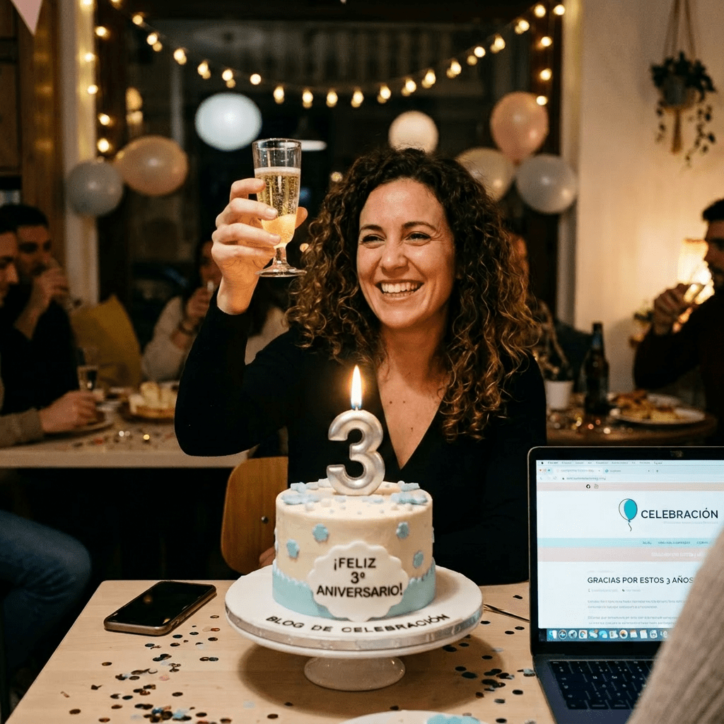 Woman smiling and toasting with champagne behind a cake with '33' candles and 'Feliz 3º Aniversario'