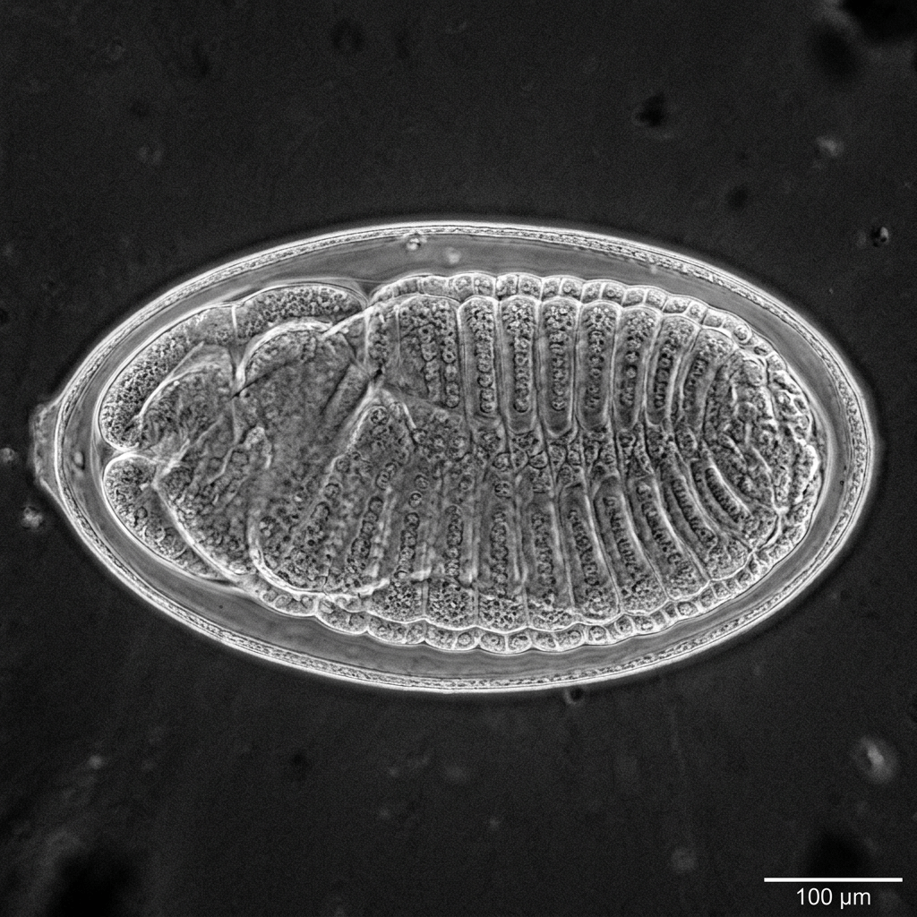Microscopic image of an oval helminth egg with distinctive internal segmented structures.