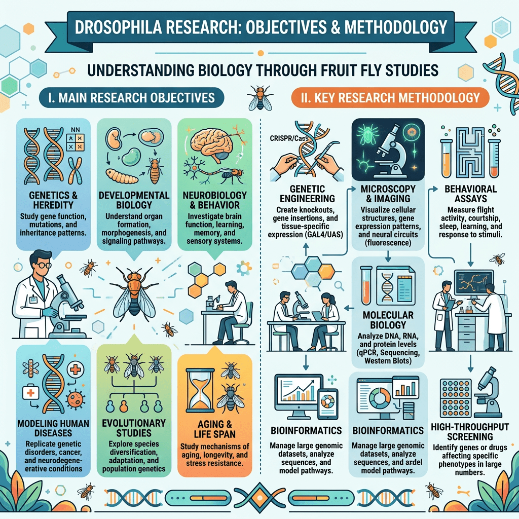 Infographic detailing main research objectives and key research methodologies in fly biology studies