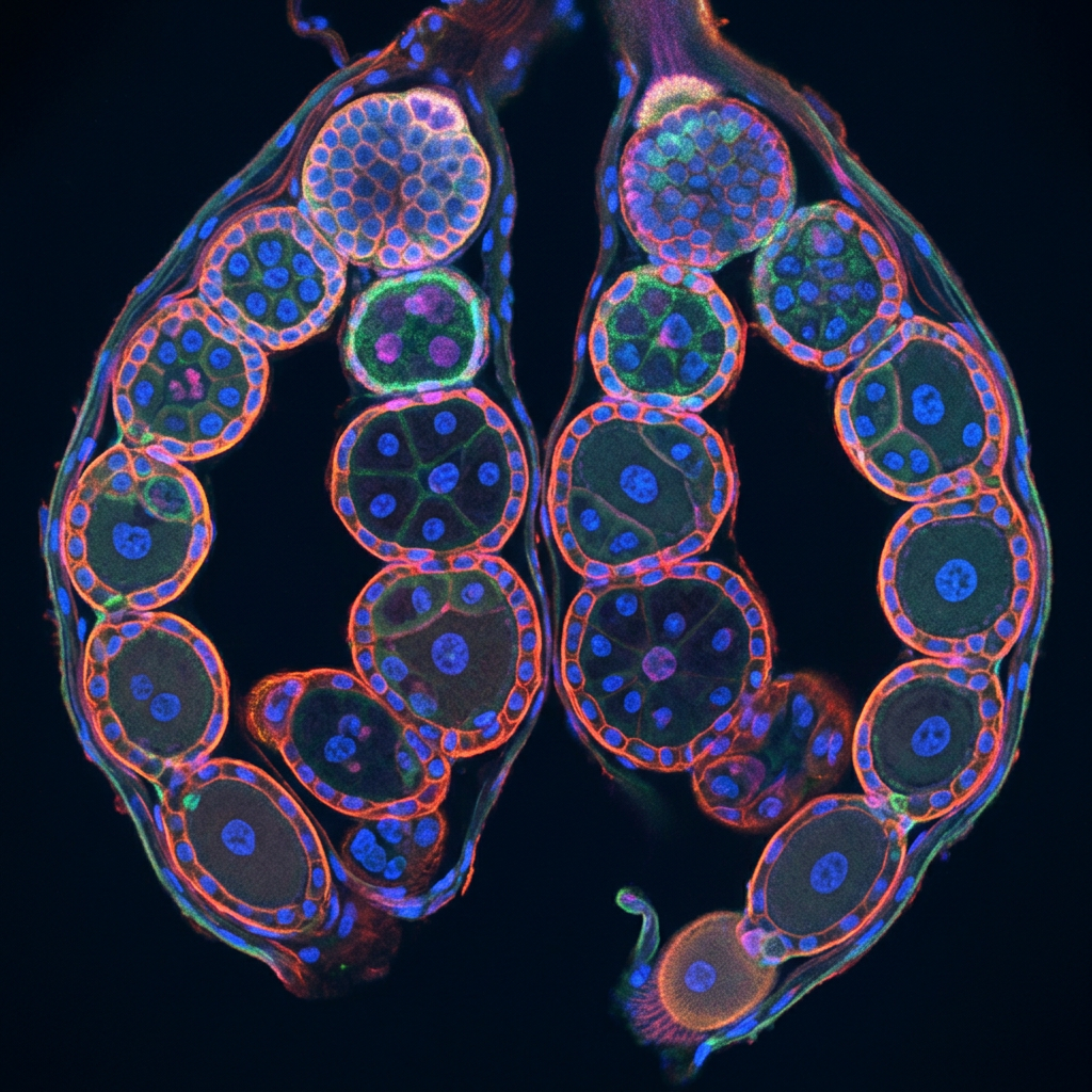 Cross-section of a plant ovary with fluorescently stained cells showing nuclei and cell walls