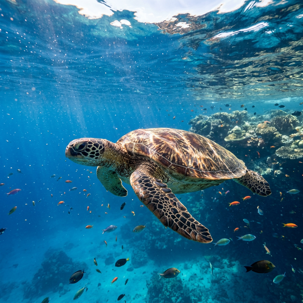 Sea turtle swimming underwater above coral reef with various small fish
