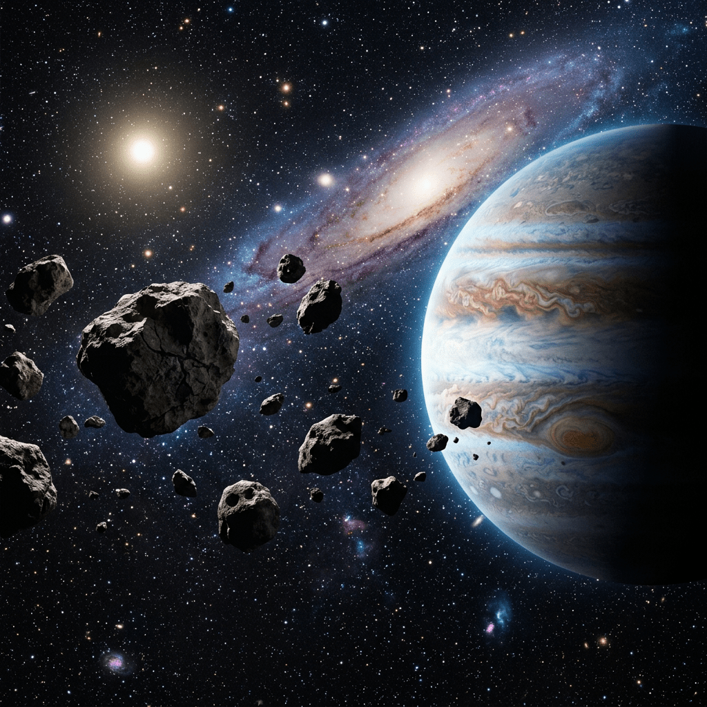 Jupiter with swirling clouds and Great Red Spot, surrounded by asteroids and backdrop of star-filled space with spiral galaxy