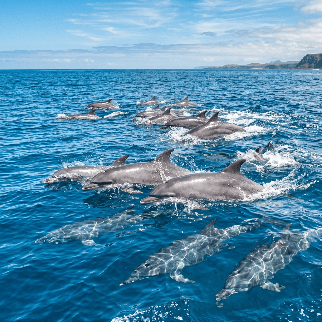 Group of dolphins swimming together in the ocean near a distant coastline under a partly cloudy sky