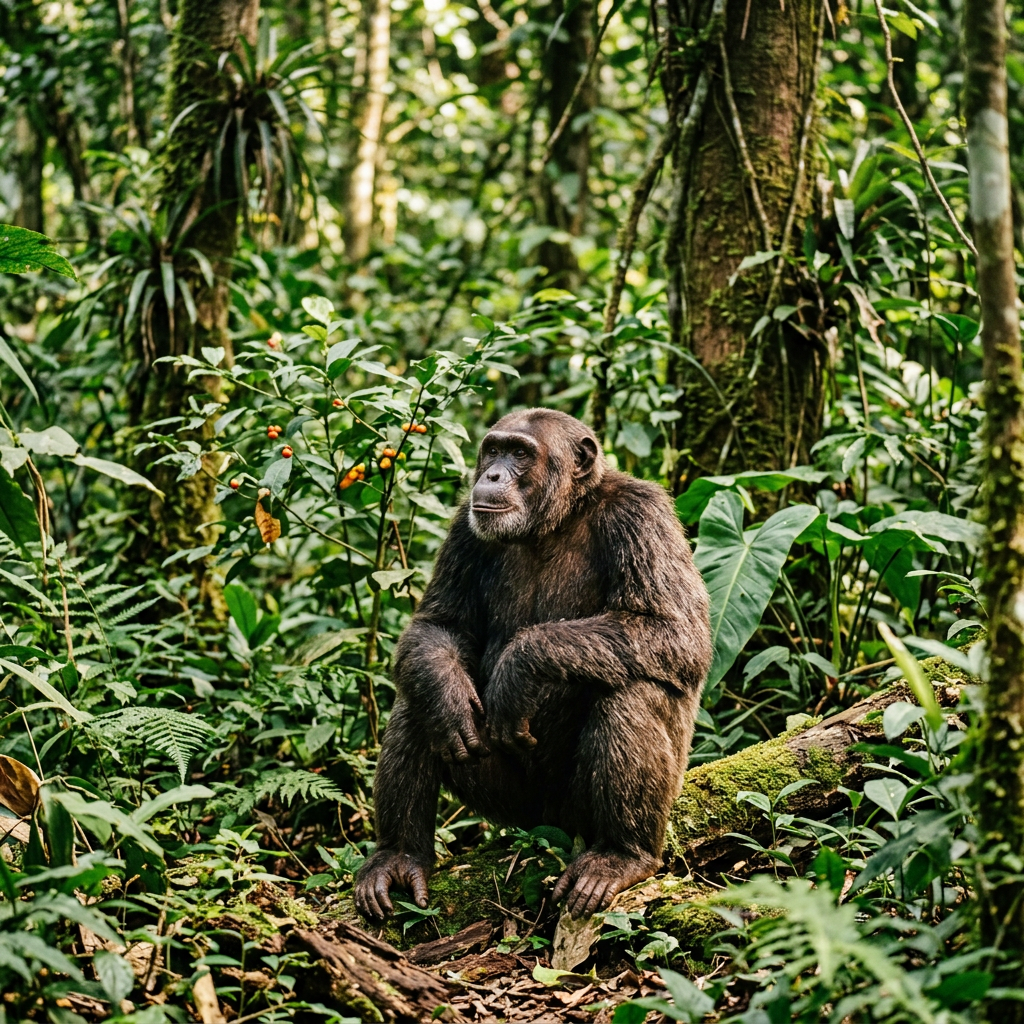 Chimpanzee sitting on forest floor amid green foliage and trees