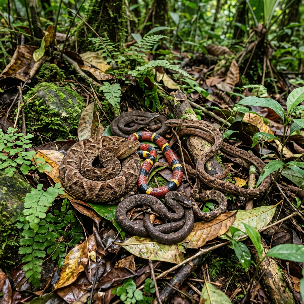 Various coiled snakes with different patterns resting on forest leaf litter
