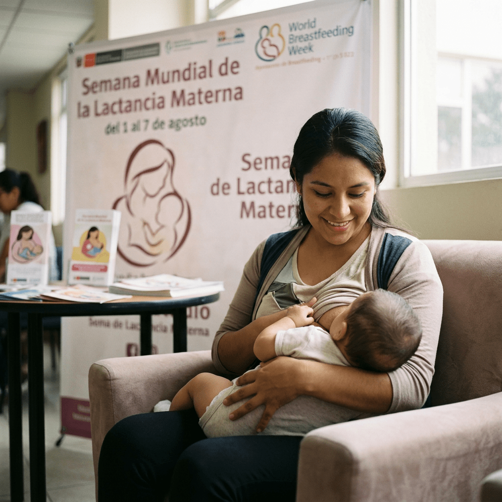 Mother smiling while breastfeeding baby in a chair with breastfeeding week banner