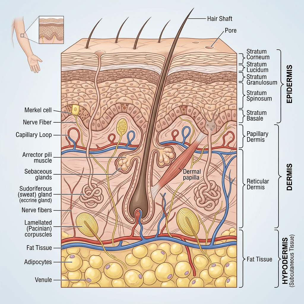 Cross-section diagram of human skin layers with labeled epidermis, dermis, hypodermis, hair shaft, glands, muscles, nerves, and blood vessels.