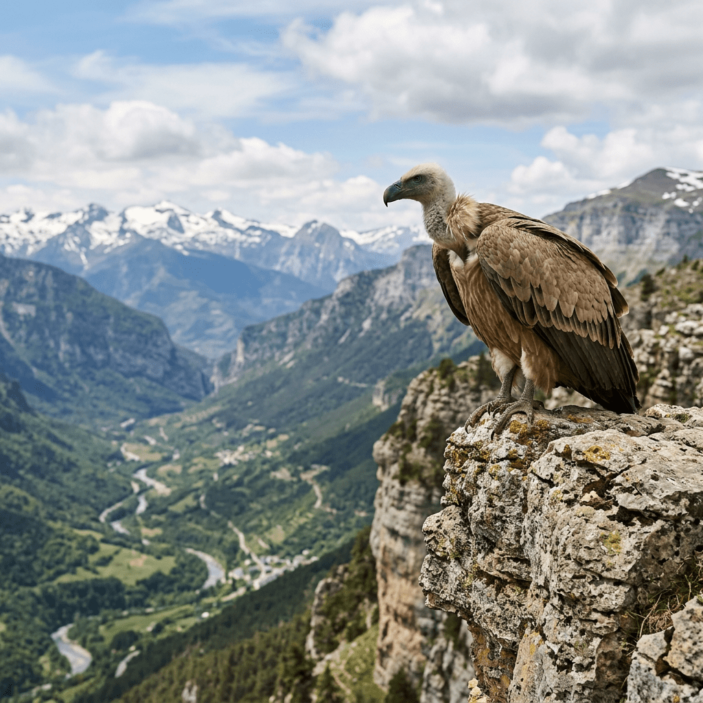 Griffon vulture perched on rocky cliff with mountains and valley in background
