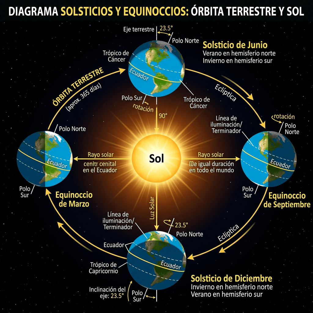 Diagram of Earth's orbit and position relative to the Sun with solstices and equinoxes labeled