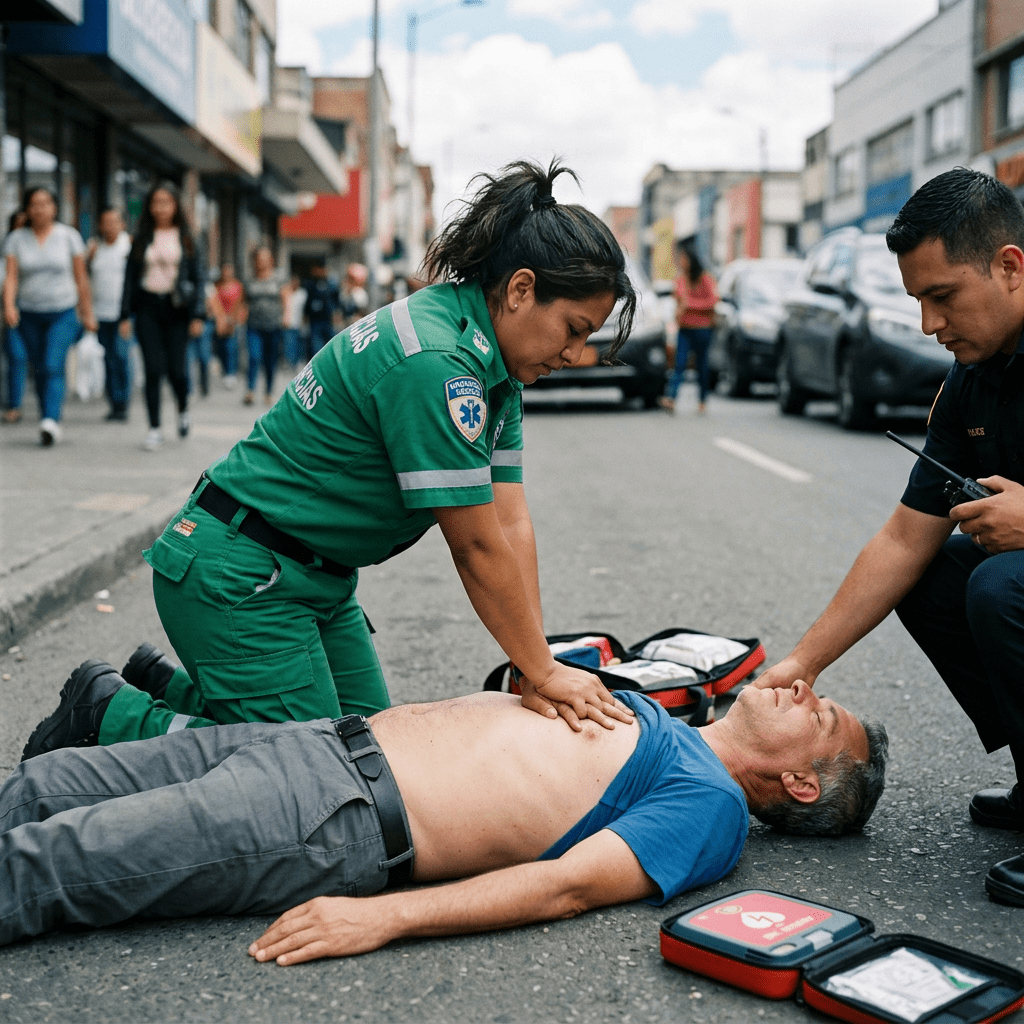 Paramedic performing chest compressions on a man lying on the road with a police officer nearby