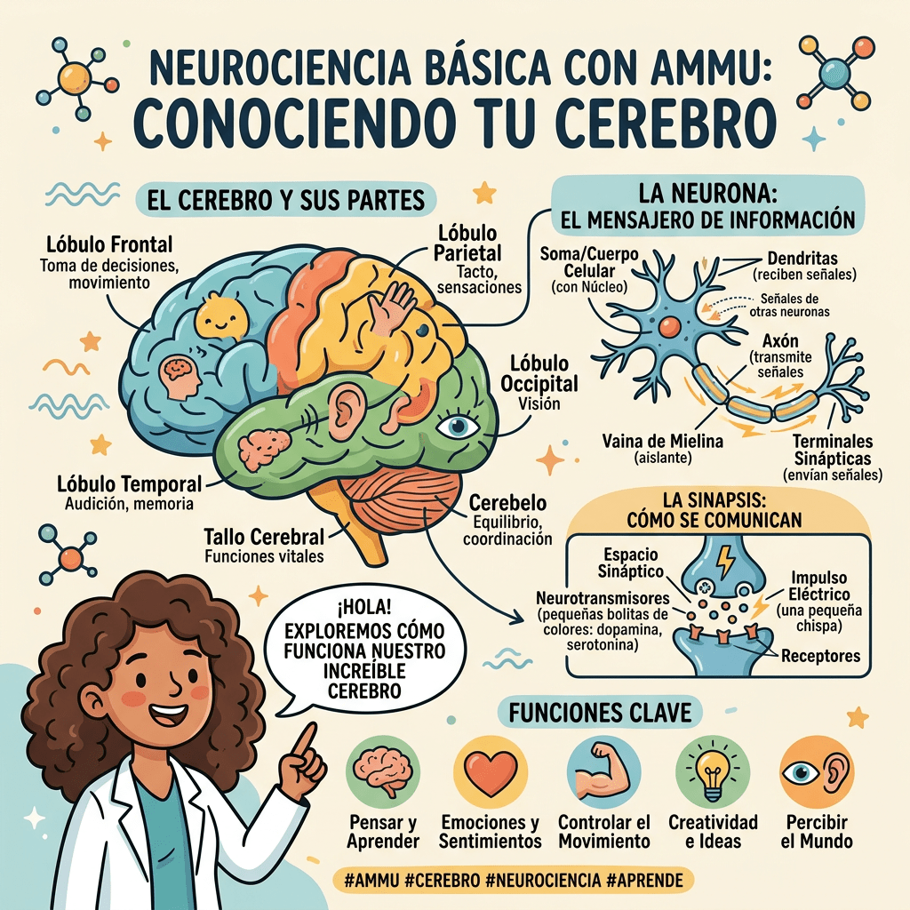 Illustrated brain anatomy with labeled parts, neuron structure, and brain functions