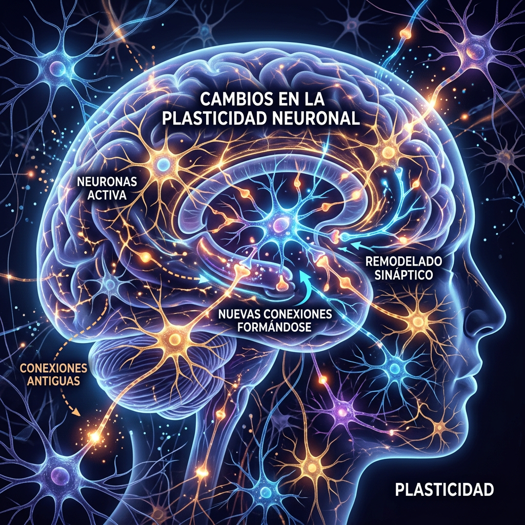 Illustration of brain with active neurons, synaptic remodeling, and new connections forming